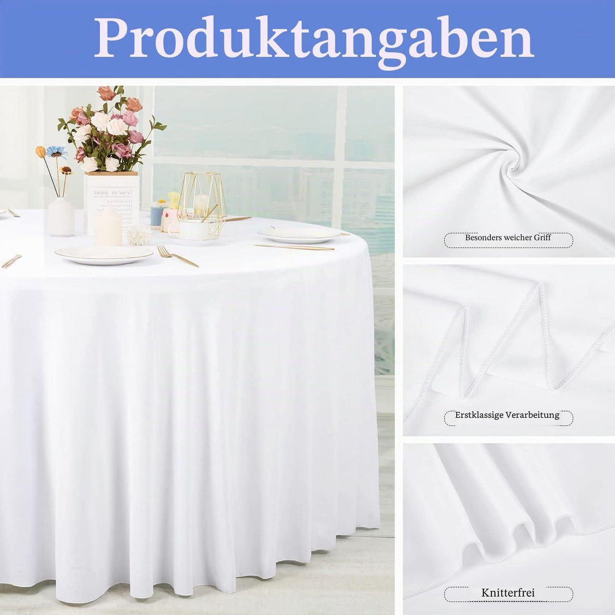 4x Runde Tischdecke Weiß 300cm – Polyester, Knitterfrei
