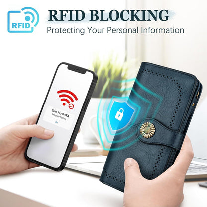 TEUEN Damen RFID Geldbörse Leder Blau 24 Kartenfächer Handyfach