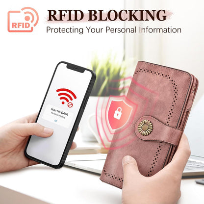 TEUEN Damen Geldbörse Leder RFID Schutz 24 Kartenfächer Handyfach Pink