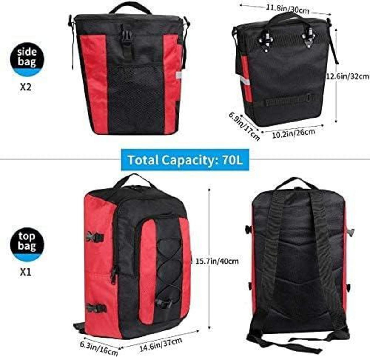 Fahrradtaschen 3-in-1 für Gepäckträger 70L wasserdichte