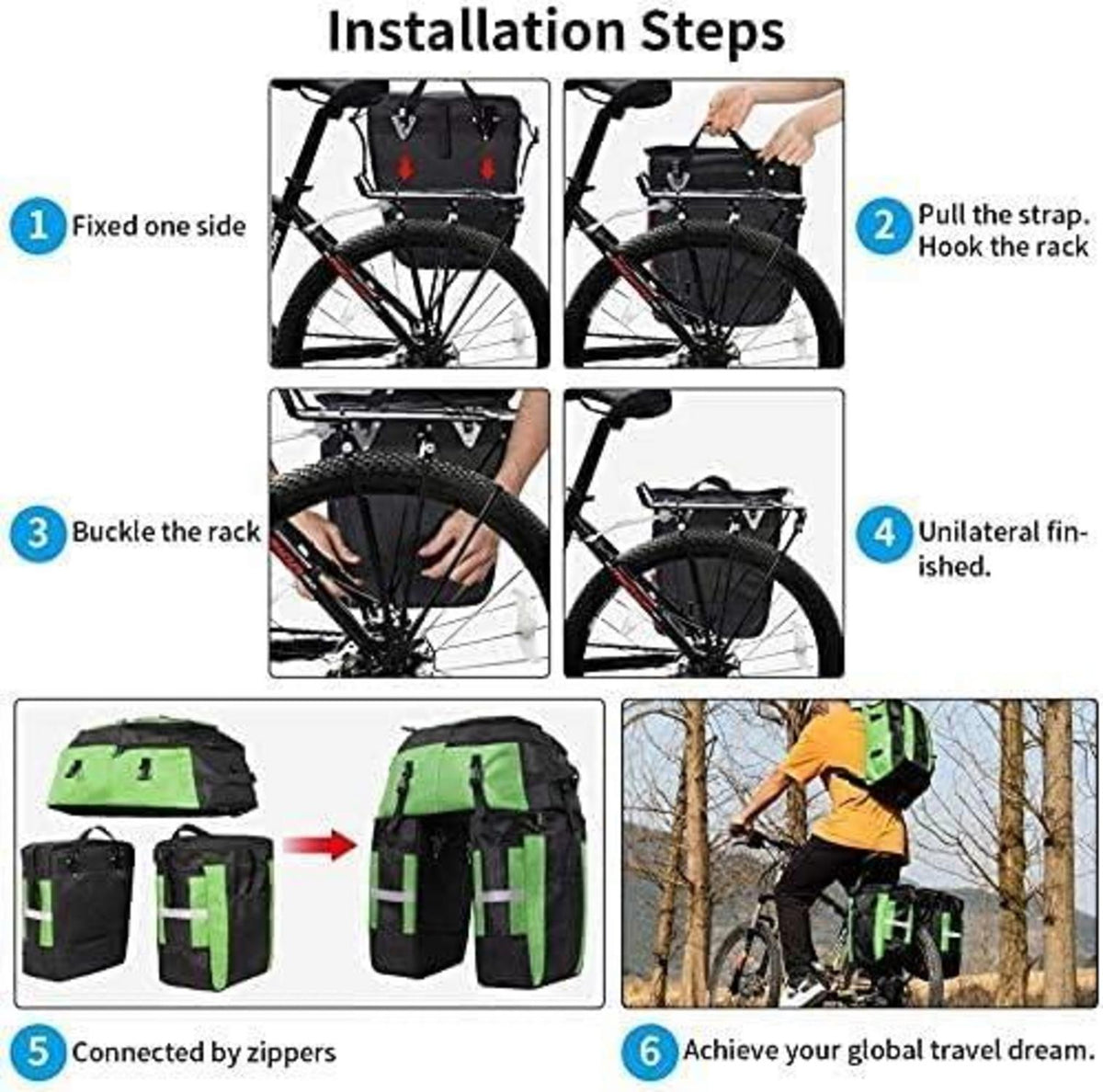 Fahrradtaschen 3-in-1 Gepäckträger 70L wasserdicht Grün
