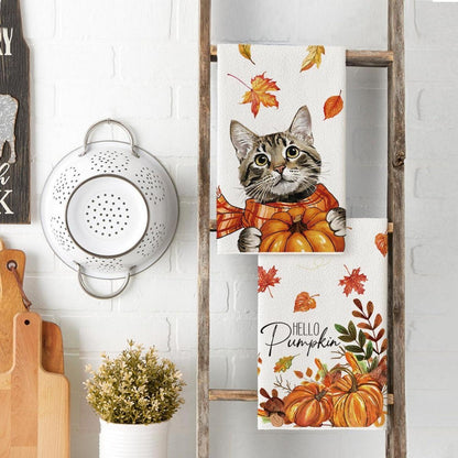 Herbstliche Katzen- und Kürbis-Küchentücher 2er Set 42x65cm