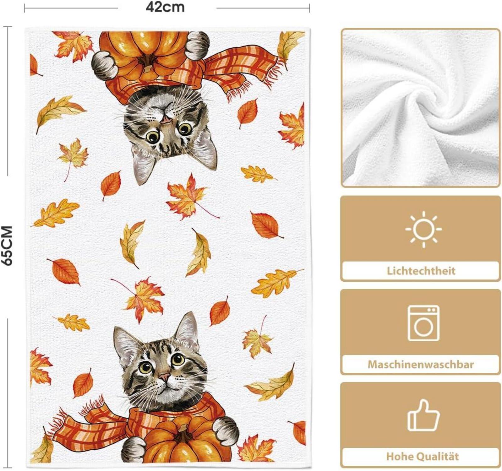Artoid Mode Herbst Küchentücher 42x65 cm, Große Katze Ahornblätter Kürbisse