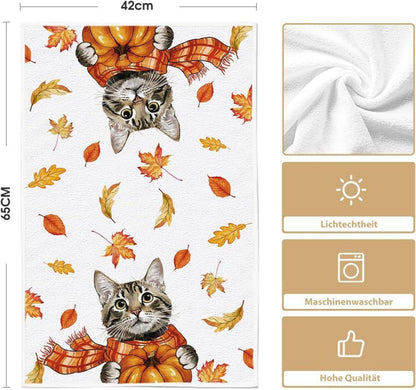 Artoid Mode Herbst Küchentücher 42x65 cm, Große Katze Ahornblätter Kürbisse