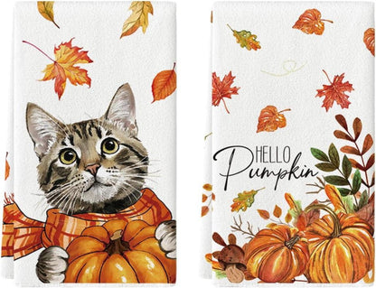 Artoid Mode Herbst Küchentücher 42x65 cm, Große Katze Ahornblätter Kürbisse