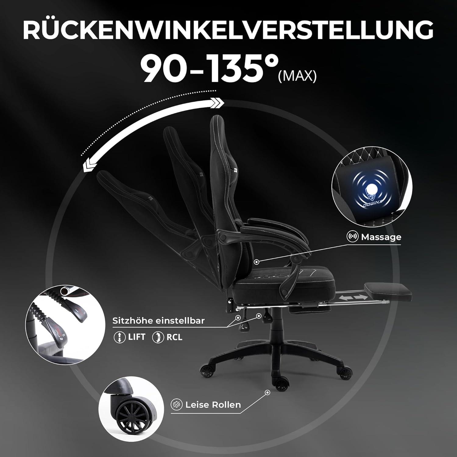 Dowinx Gaming Stuhl mit Massage und Fußstütze - Ergonomisch, Schwarz