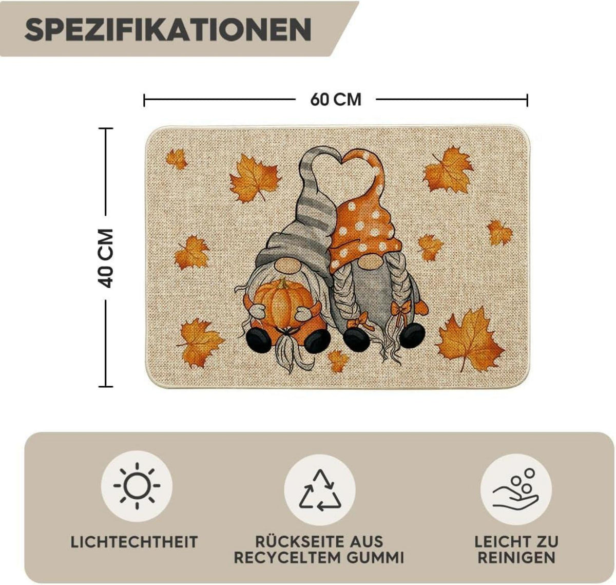 Herbst Fußmatte Ahornblätter Kürbisse Gnom 40x60cm