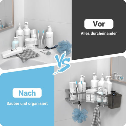Duschablage ohne Bohren, 2er Set Eckregal Edelstahl mit Haken & Zahnpasta Halter