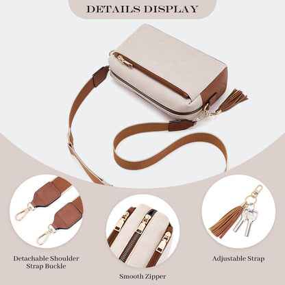 Damen Umhängetasche Vegan Leder Crossbody 3 Reißverschlussfächer Beige-Braun