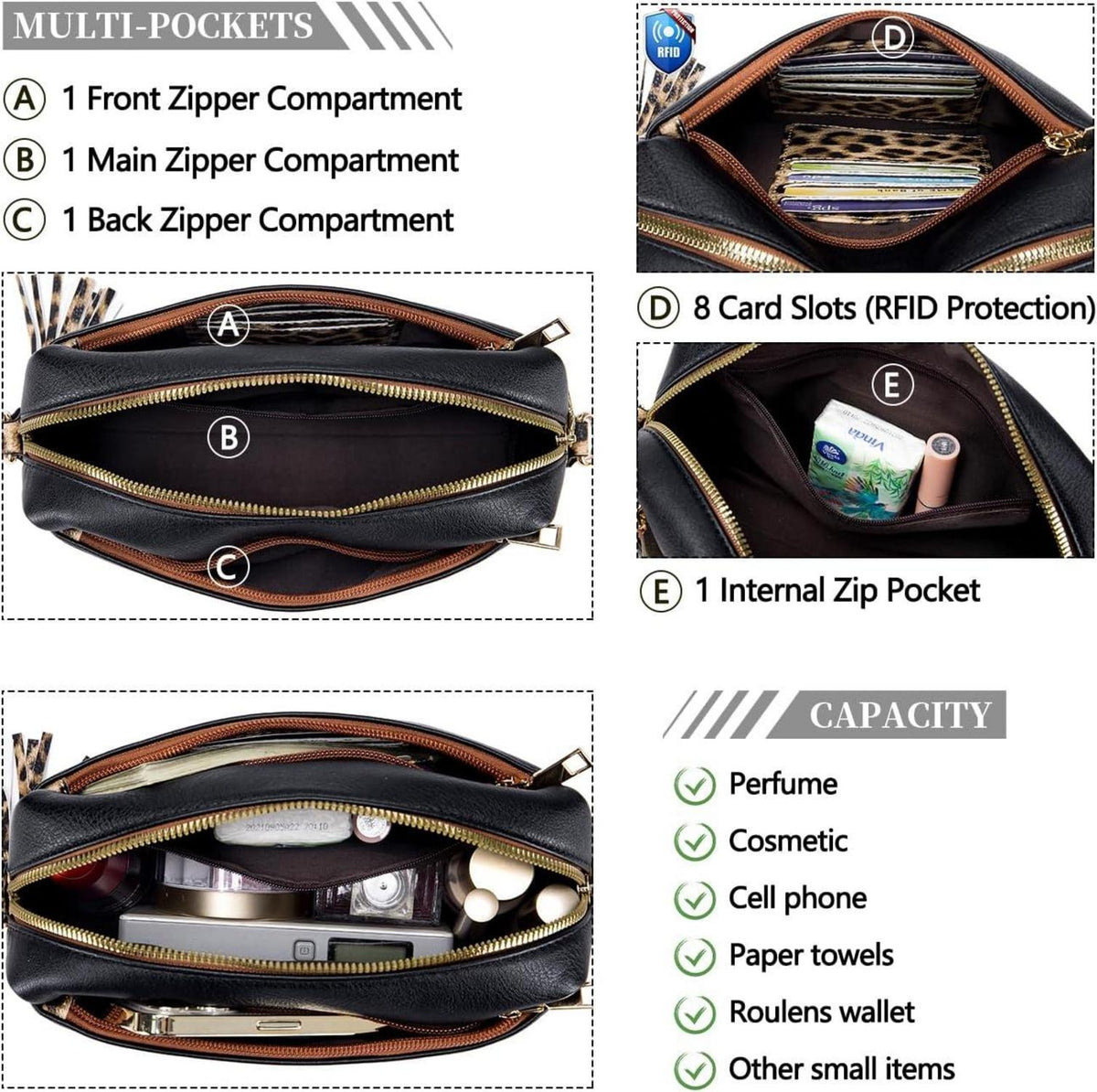 Damen Handy Umhängetasche Veganleder Schultertasche mit 3 Reißverschlussfächern