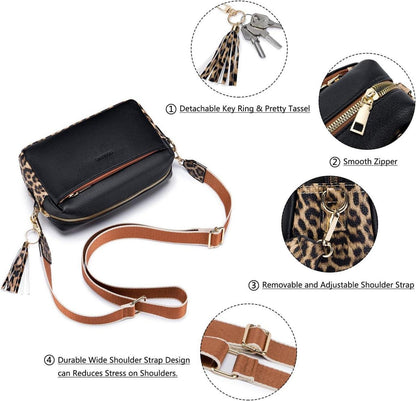 Damen Umhängetasche Veganem Leder Crossbody D-schwarz Leopardendru