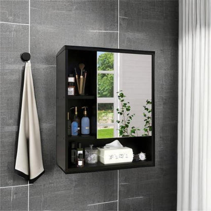 Badezimmerschrank mit Spiegel Wandmontage Bambus schwarz