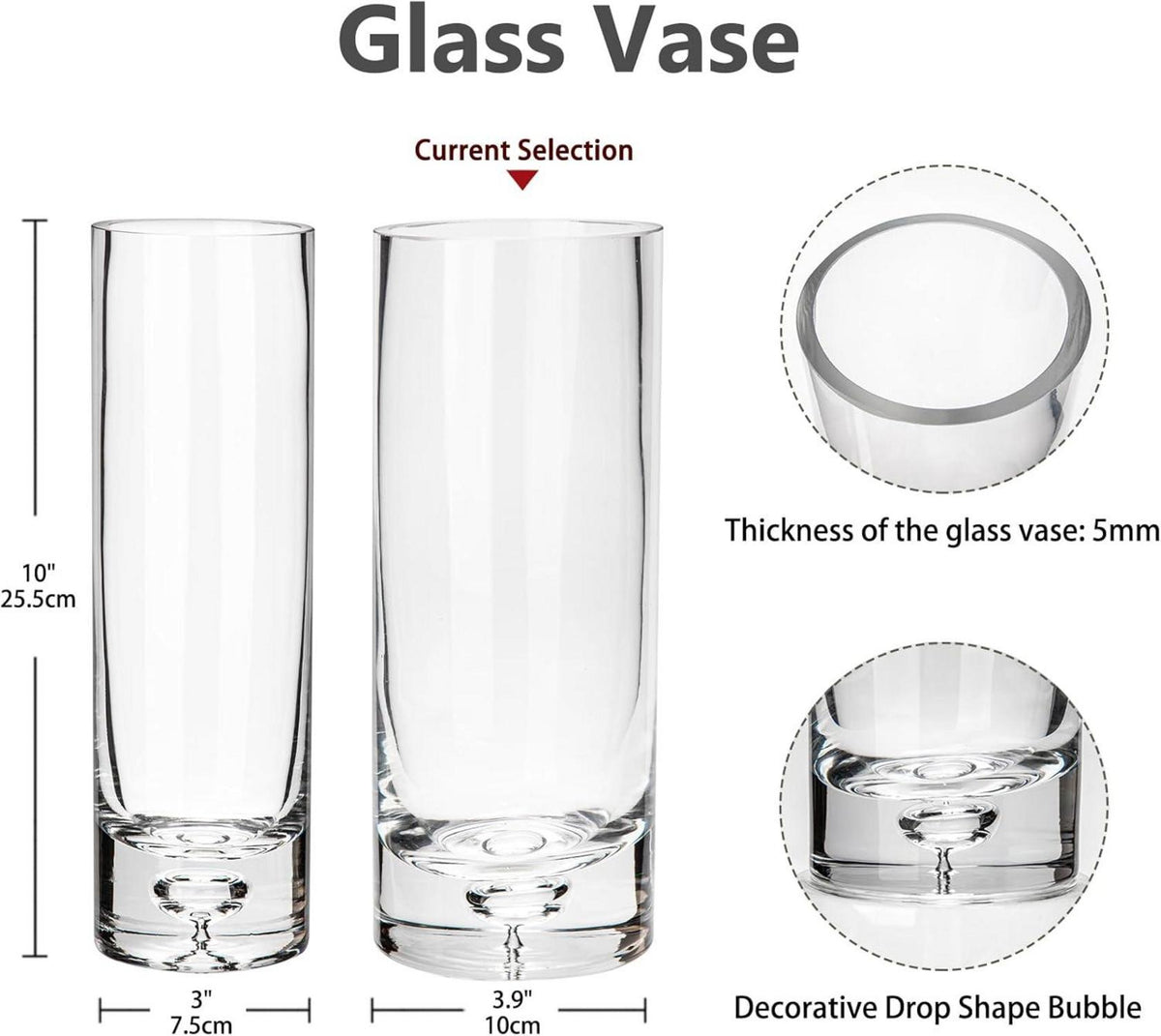 25CM Kristallklare Glasvase Zylindrisch Tischvase für