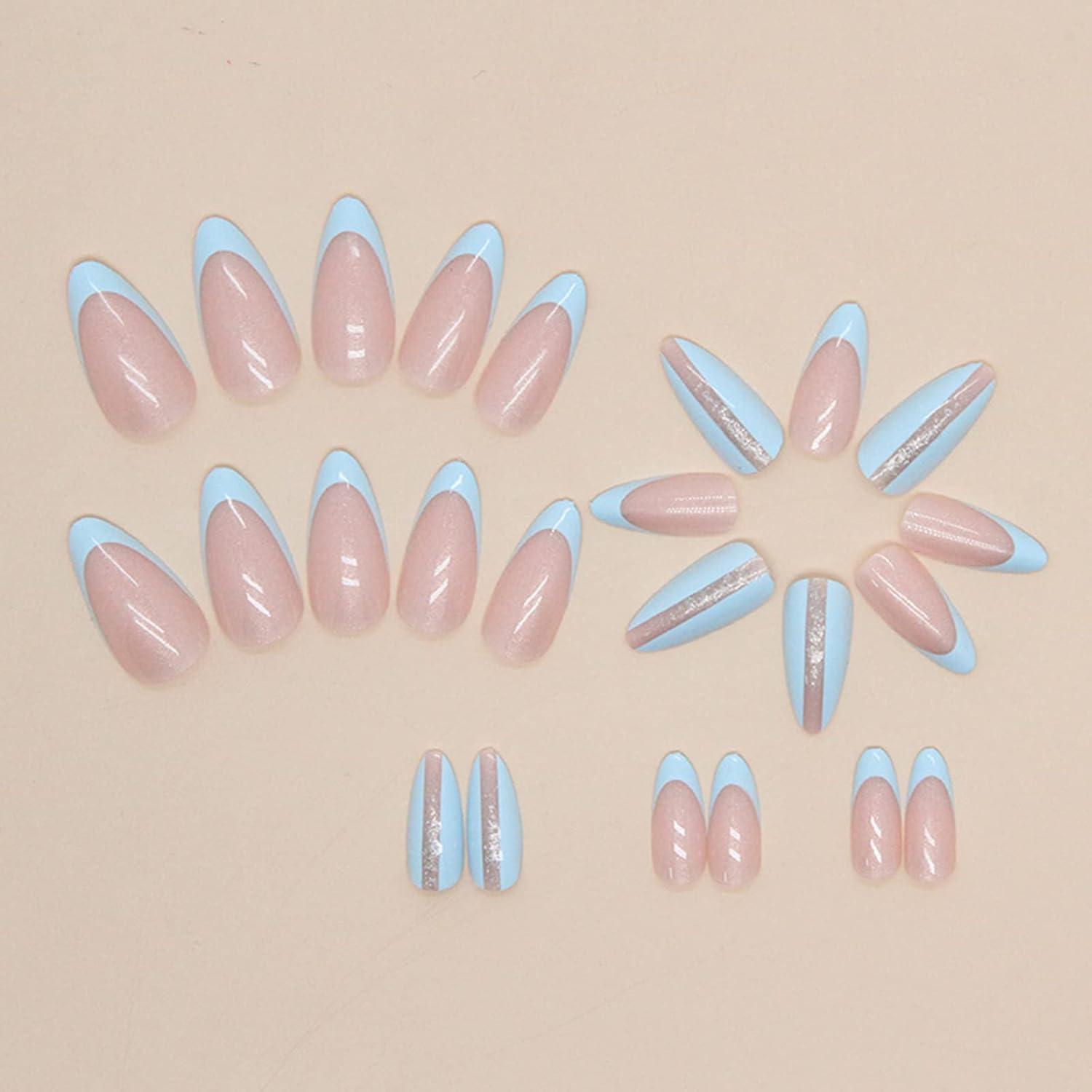 24 Stück Mandel Nägel French Hellblau Künstliche Glossy Press on Nails