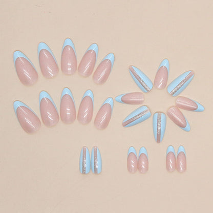 24 Stück Mandel Nägel French Hellblau Künstliche Glossy Press on Nails