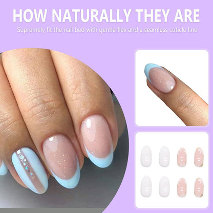 24 Stück Mandel Nägel French Hellblau Künstliche Nägel Wiederverwendbare Nails Kit