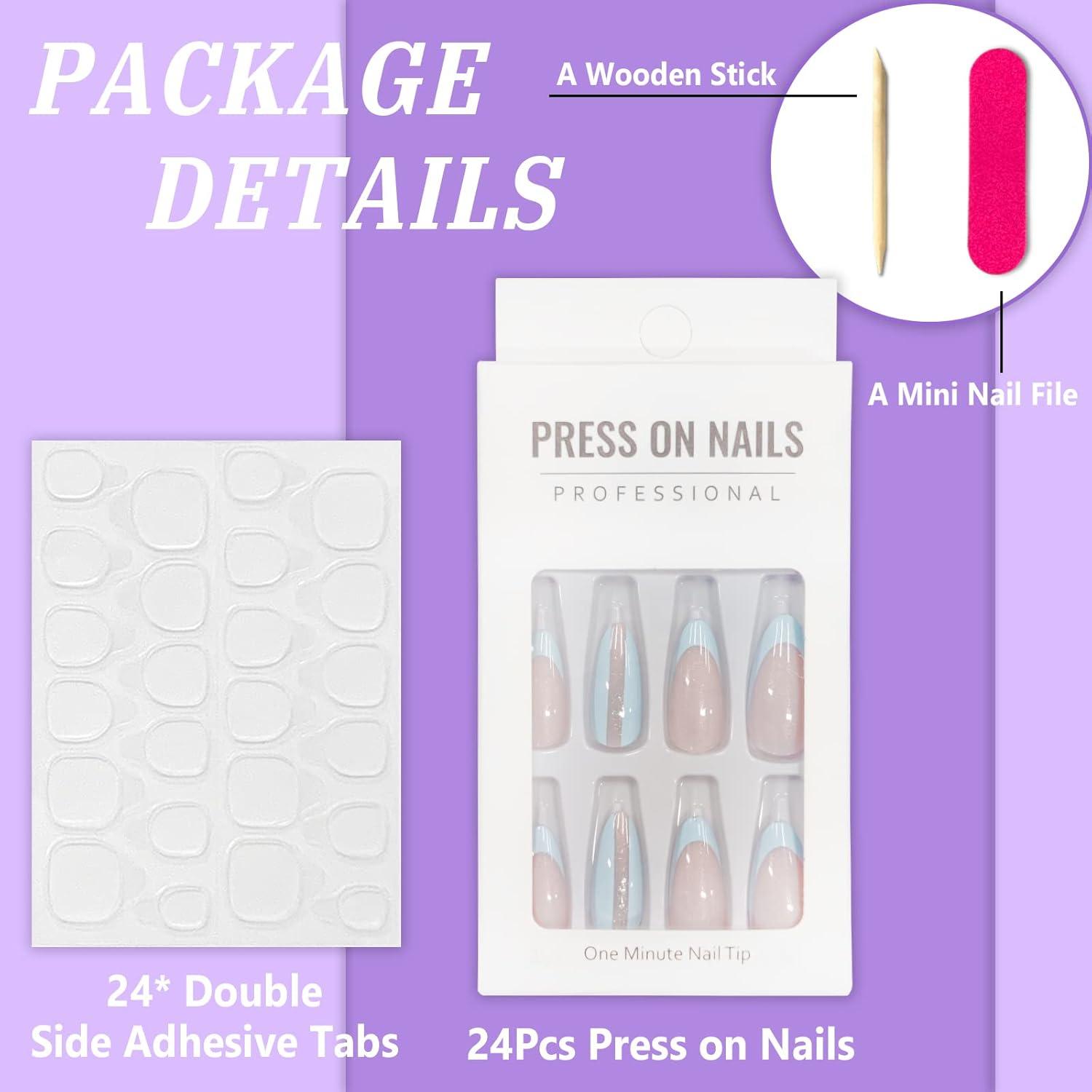 24er Set French Hellblau Künstliche Acrylnägel Press on Nails Kit