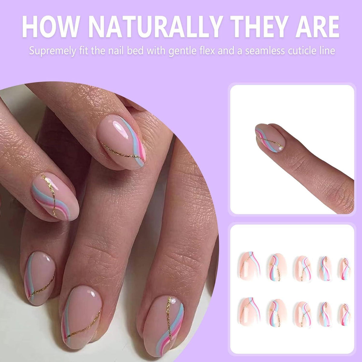 24er Set Mandel Nägel French Wellen Glitzer Künstliche Fingernägel für Frauen
