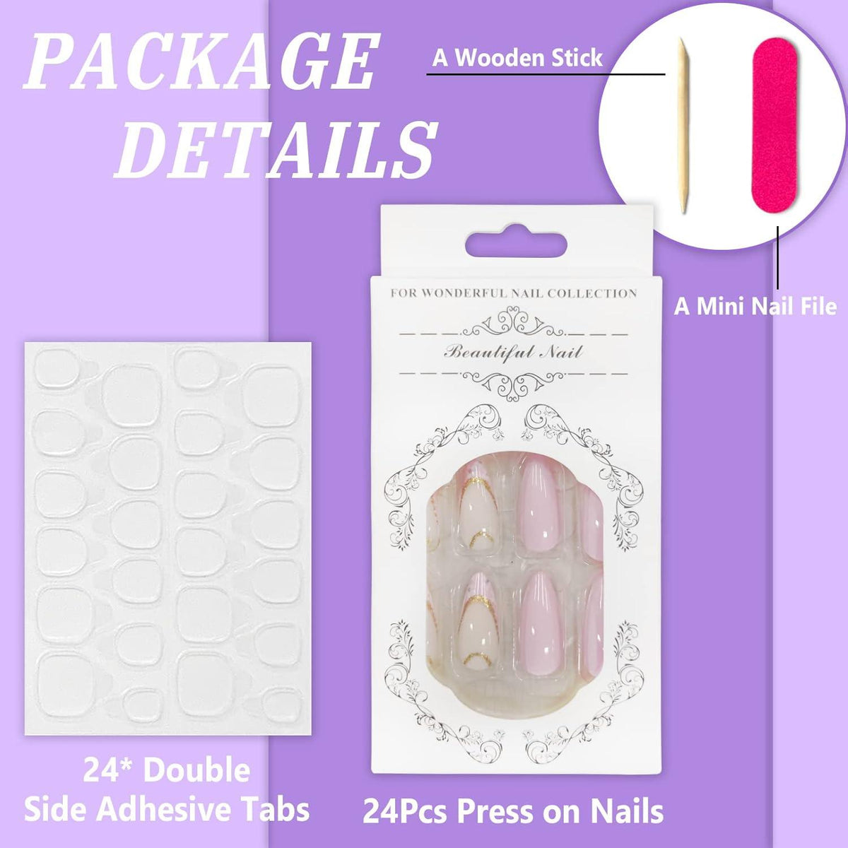 24er Set Mandel Nägel French Weiß Blumen Künstliche Nägel Glossy Press on Nails