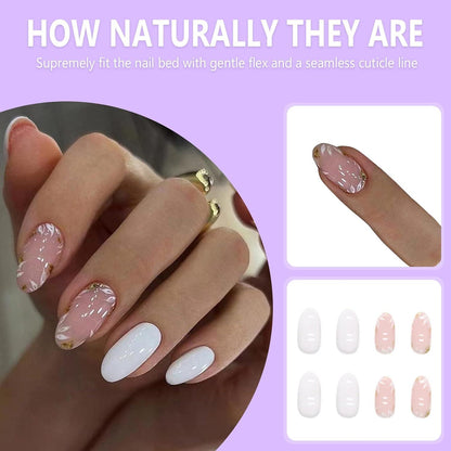 24 Stück Künstliche Mandel Nägel Acryl Weiß French Cute Blumen für Frauen, Mädchen