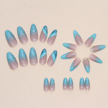 24er Set Blaue Glitzer Stiletto Nägel Strass Falsche Nägel Kit