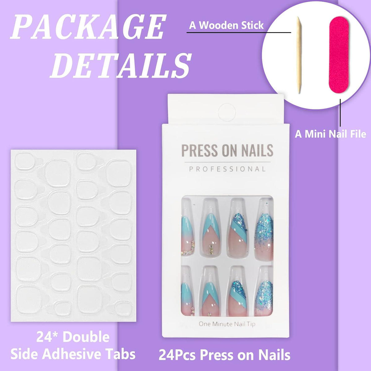 24er Pack Blaue Glitzer Stiletto Nägel Aufkleben MittelFalsy Acryl-Fingernägel