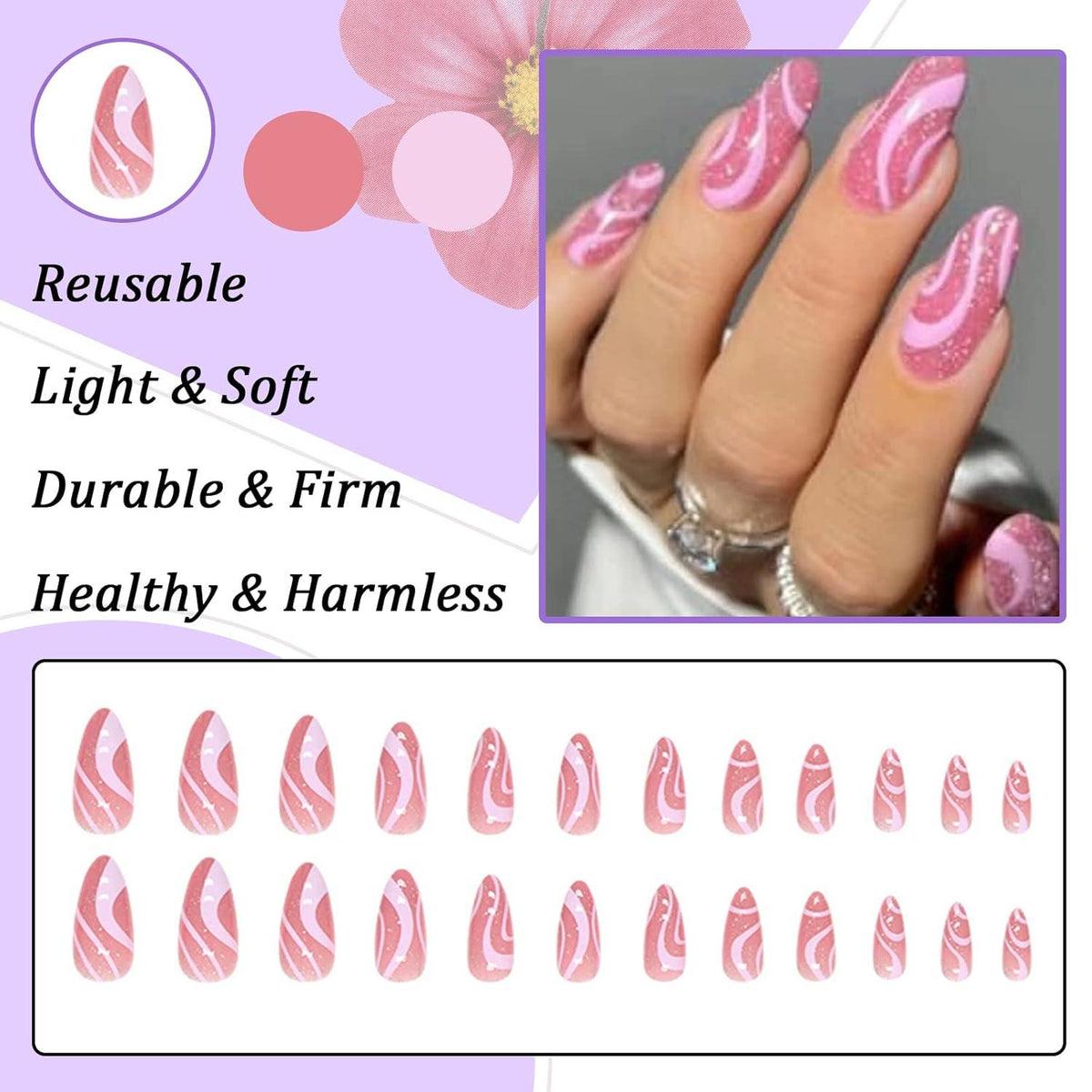 24er Set Mandel Nägel Mittel Rosa Welle French Glitzer Acryl
