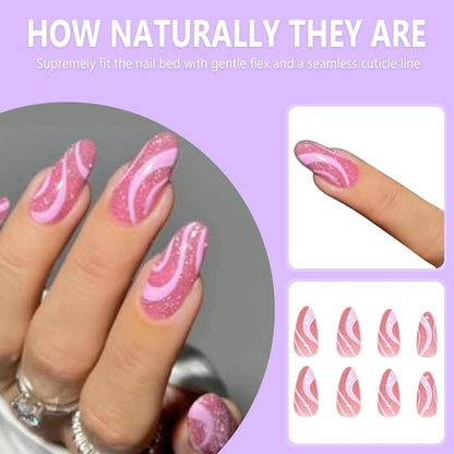24 Mandel Nägel Rosa Welle French Glitzer Falsche Nägel Acryl Fake Nails