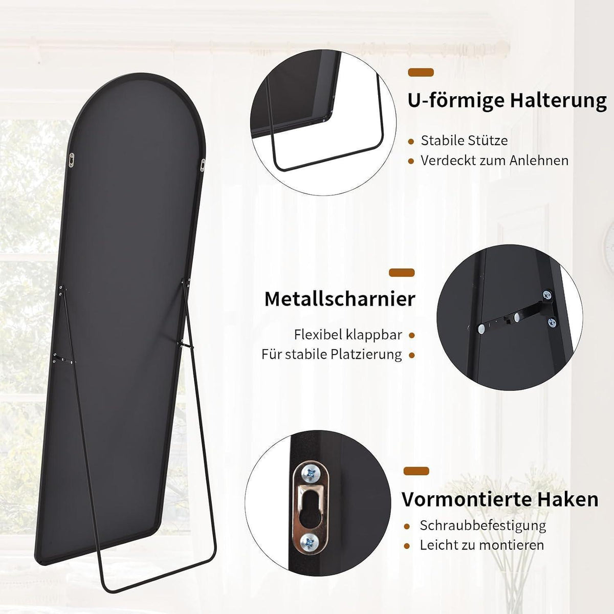 Gewölbter Standspiegel Schwarz – 163cm Ganzkörperspiegel