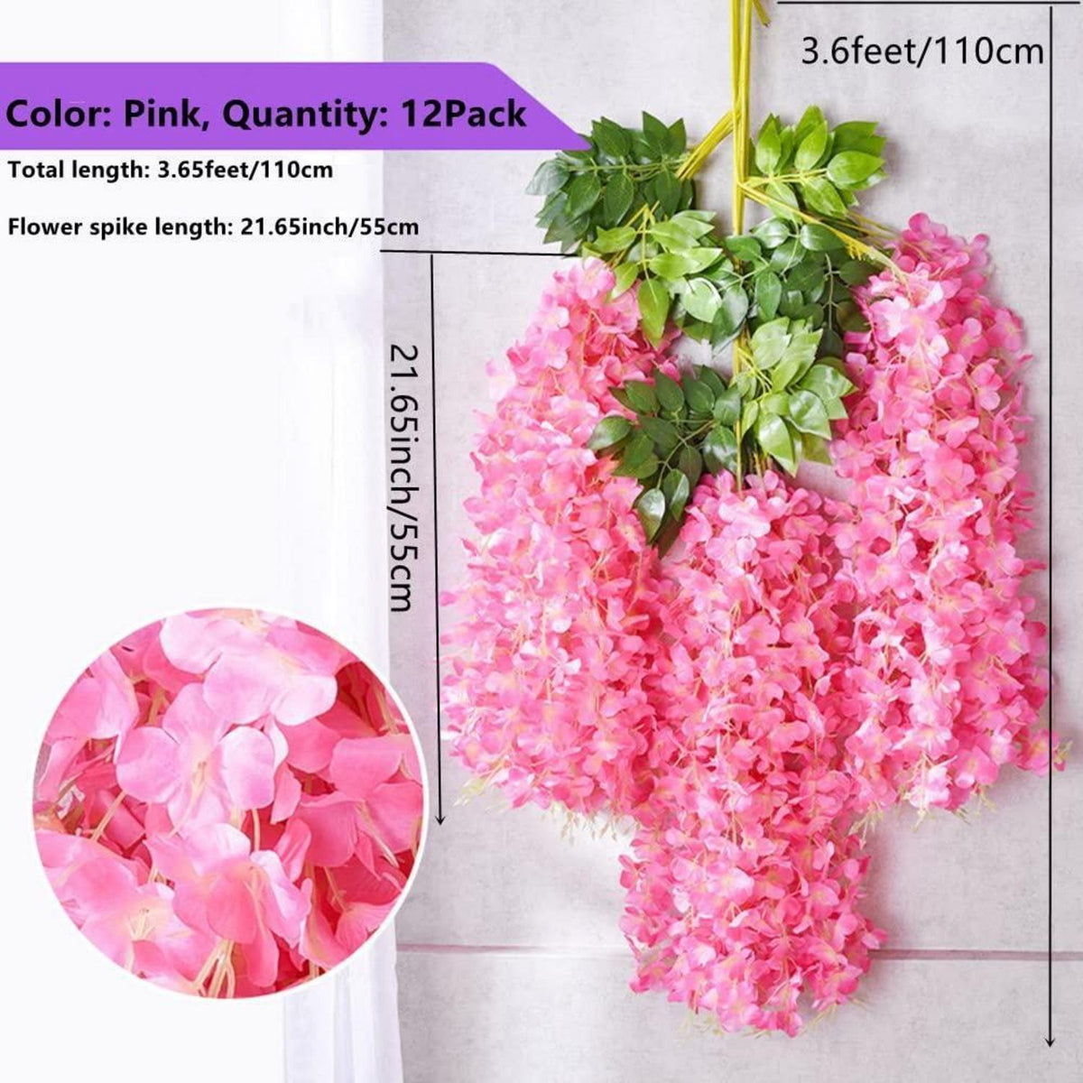 Künstliche Glyzinien-Ranken 12er-Set – Rosa, 3,6 Fuß lang