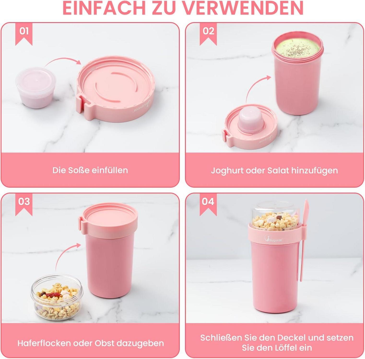 Bugucat Müslibecher to Go 760ml + 230ml mit Löffel Rosa