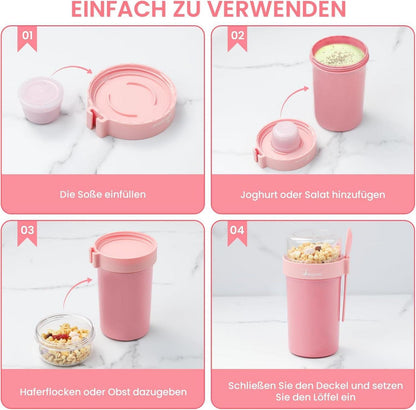 Bugucat Müslibecher to Go 760ml + 230ml mit Löffel Rosa