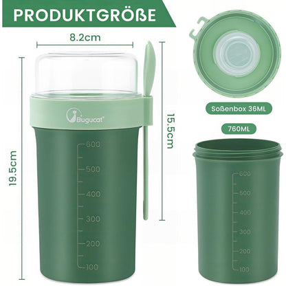 Bugucat Müslibecher to Go 760ml + 230ml mit Löffel, Grün