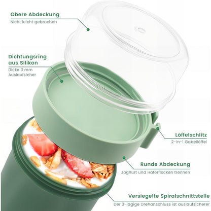 Bugucat Müslibecher to Go 760ml + 230ml mit Löffel, Grün