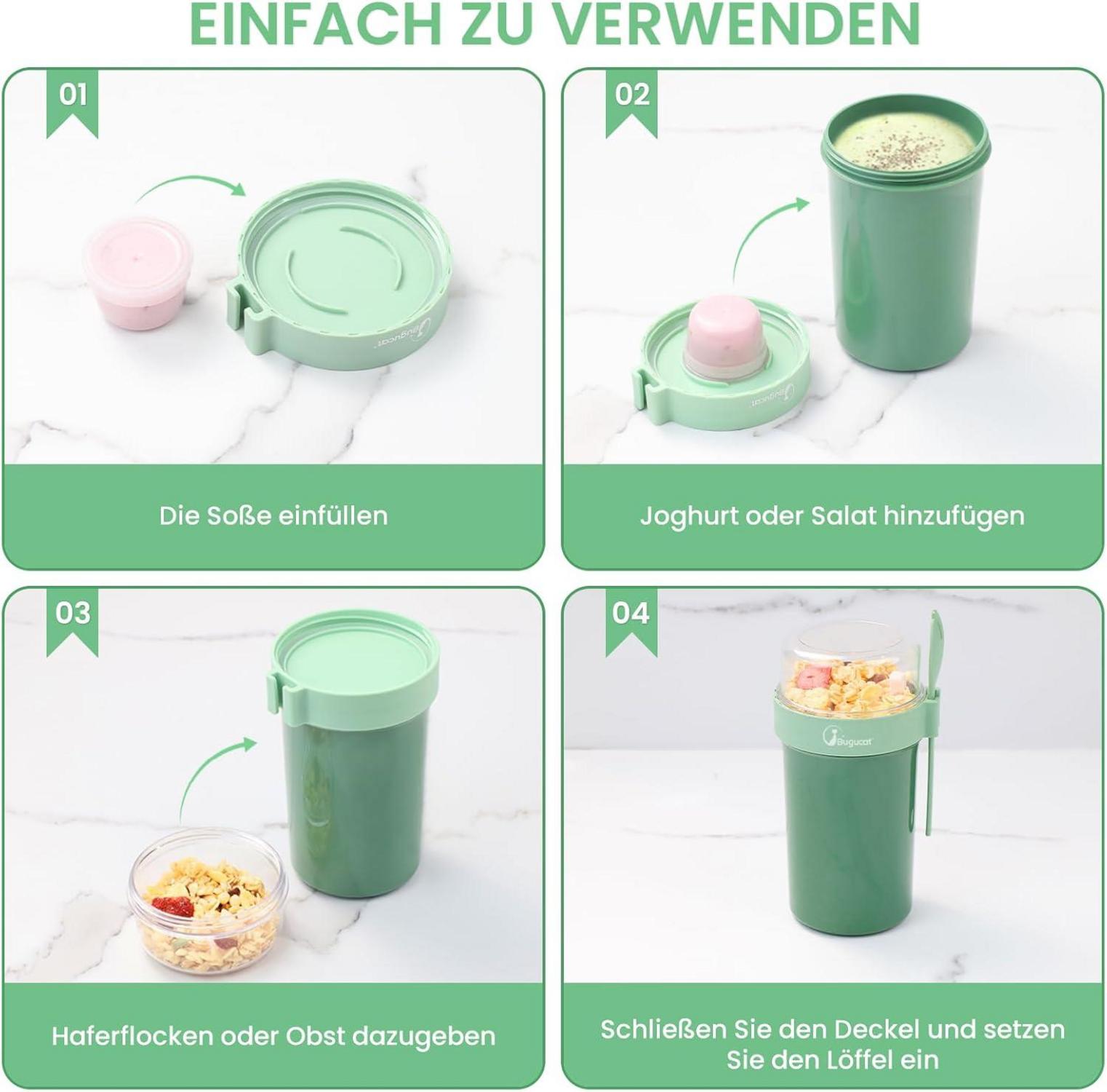 Bugucat Müslibecher to Go 760ml Joghurtbecher Löffel auslaufsicher Müsli Becher Cup Kinder Grün
