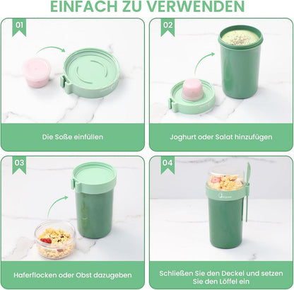 Bugucat Müslibecher to Go 760ml Joghurtbecher Löffel auslaufsicher Müsli Becher Cup Kinder Grün