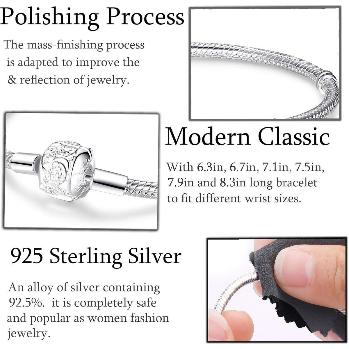 925 Sterling Silber Schlangen Gliederarmband mit Kugelverschluss, Damen Love Charm Armband