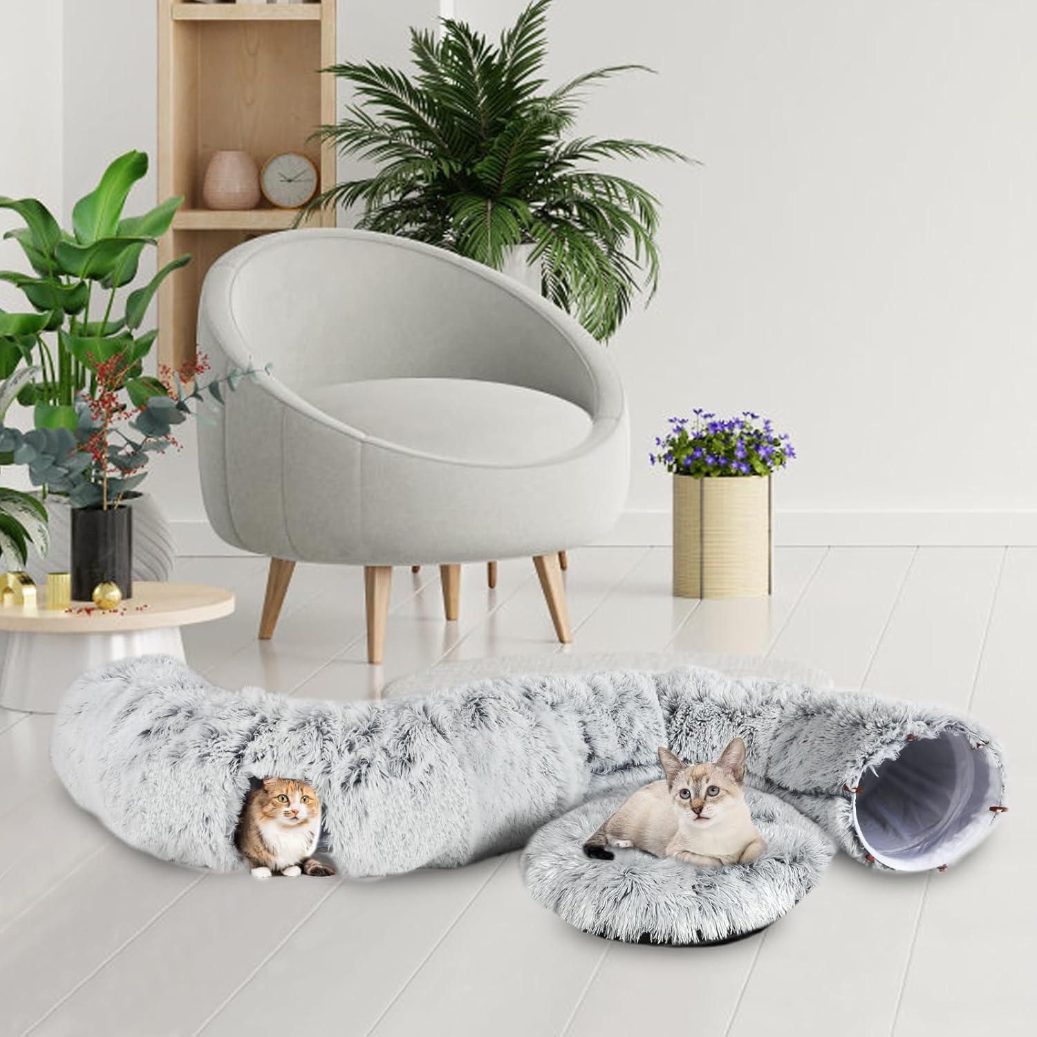 Plüsch Katzentunnel mit Katzenbett und Hängendem Ball Grau