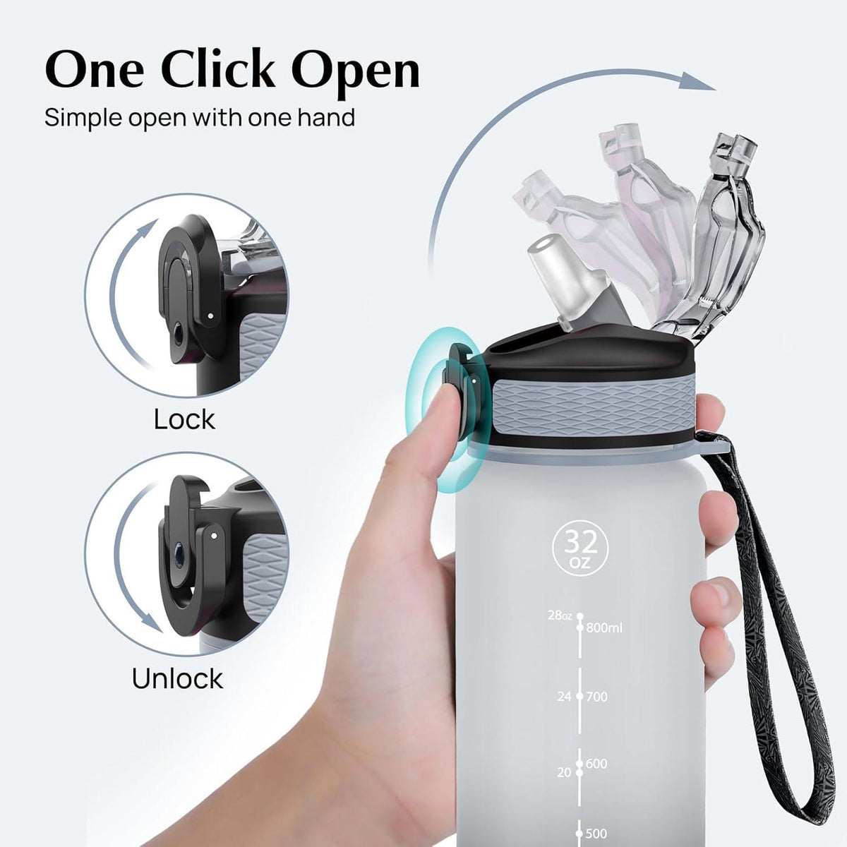 EYQ 1L Sport Trinkflasche mit Zeitmarker und Strohhalm - BPA-frei & auslaufsicher