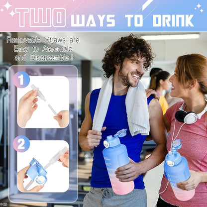 AOHAN Trinkflasche 2l mit Strohhalm, BPA-frei, Zeitmarkierungen, Sport, Fitness, Wandern, Spülmaschinenfest
