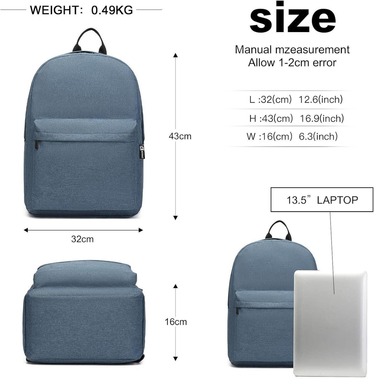 Schulrucksack wasserabweisend leicht stilvoll 15,4 Zoll Laptop Marine