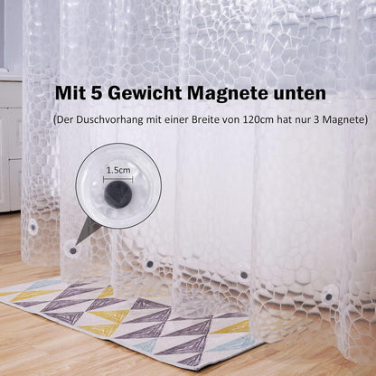 Duschvorhang 180x220cm Transparent mit Magneten, Antischimmel