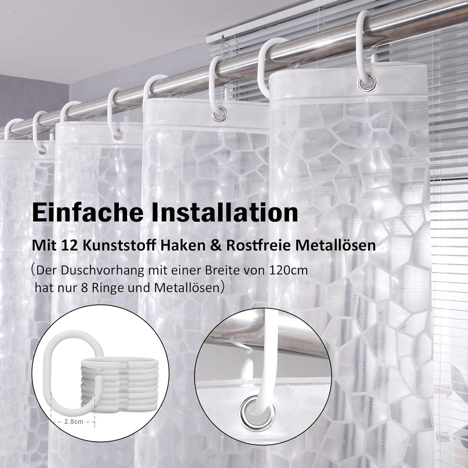 Duschvorhang 180x190cm Durchsichtig Antischimmel Wasserdicht mit 5 Magnete