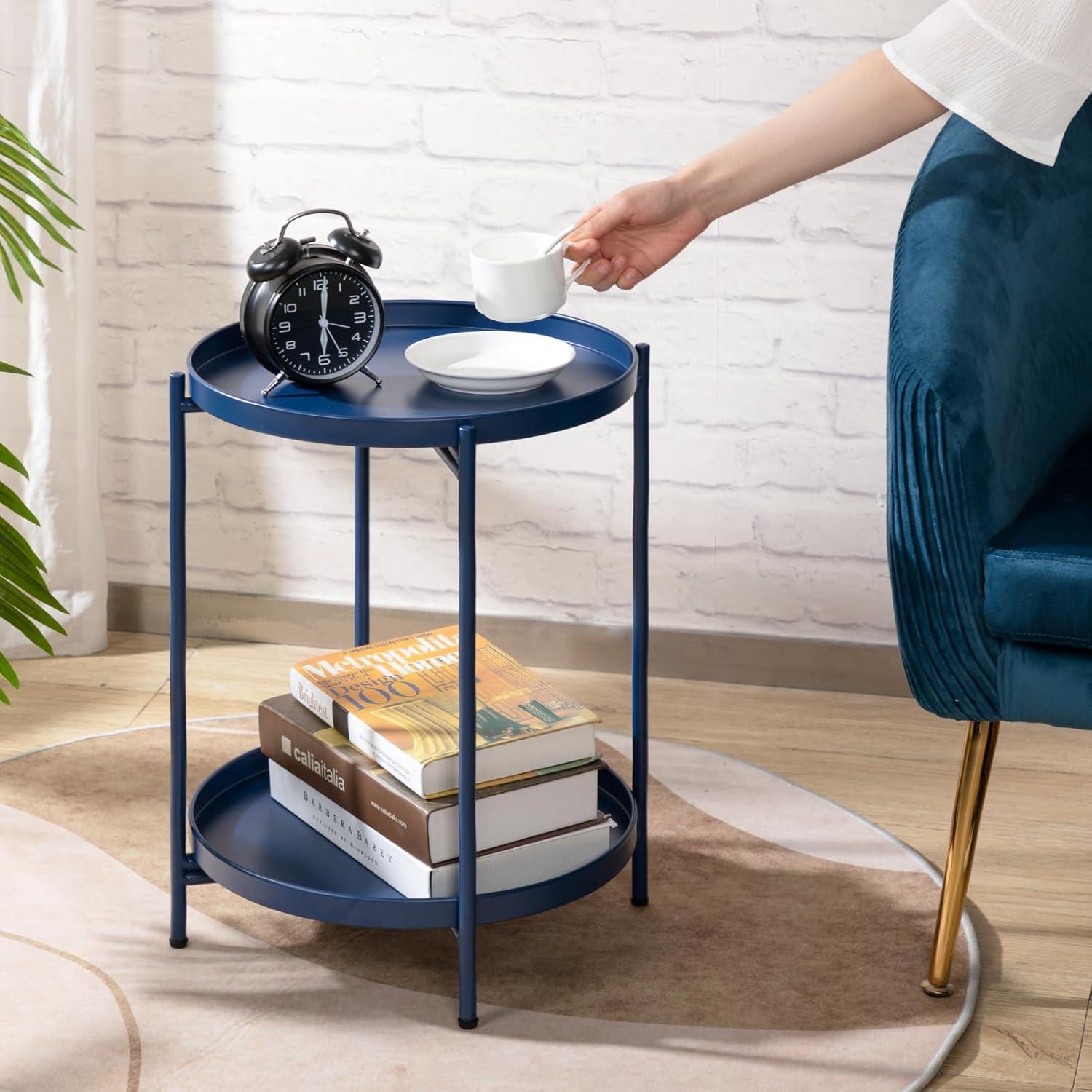 Beistelltisch Rund Metall 2 Ebenen Snacktisch Dunkelblau Wohnzimmer Outdoor