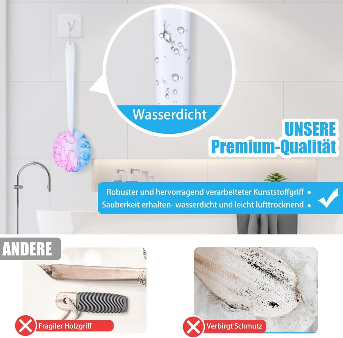 Peeling Duschschwamm Badeschwamm Rückenbürste mit 42cm Griff