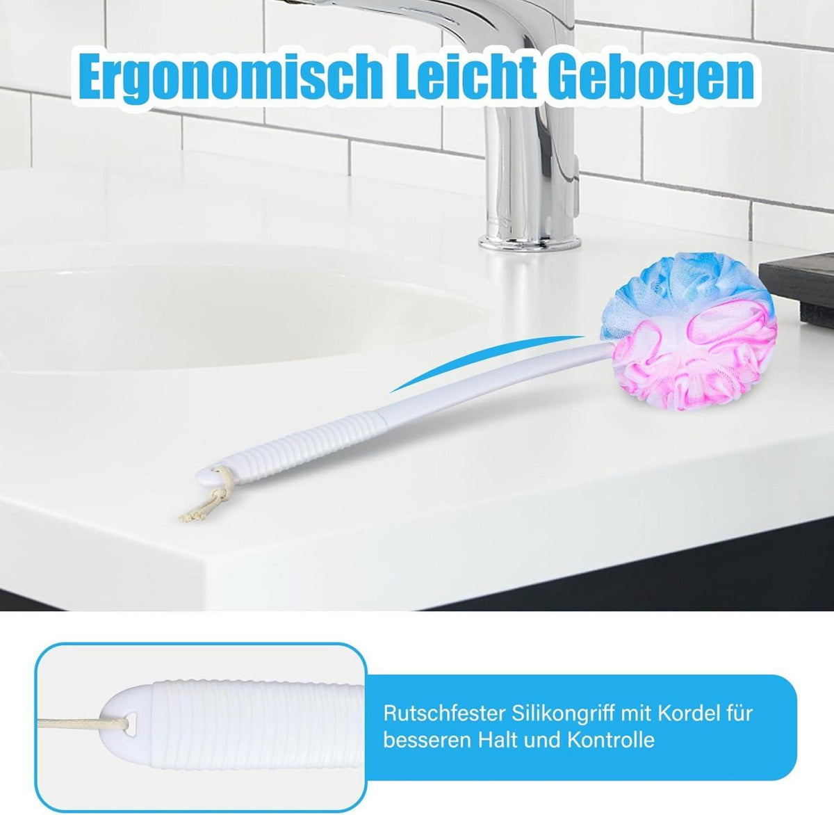 Badeschwamm Duschschwamm Set Peeling Schwamm Rückenbürste 42cm Anti-Rutsch weiß Blau Rosa