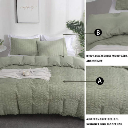 Seersucker Bettwäsche Set 200x200 cm Grün – Atmungsaktiv & Kühlend