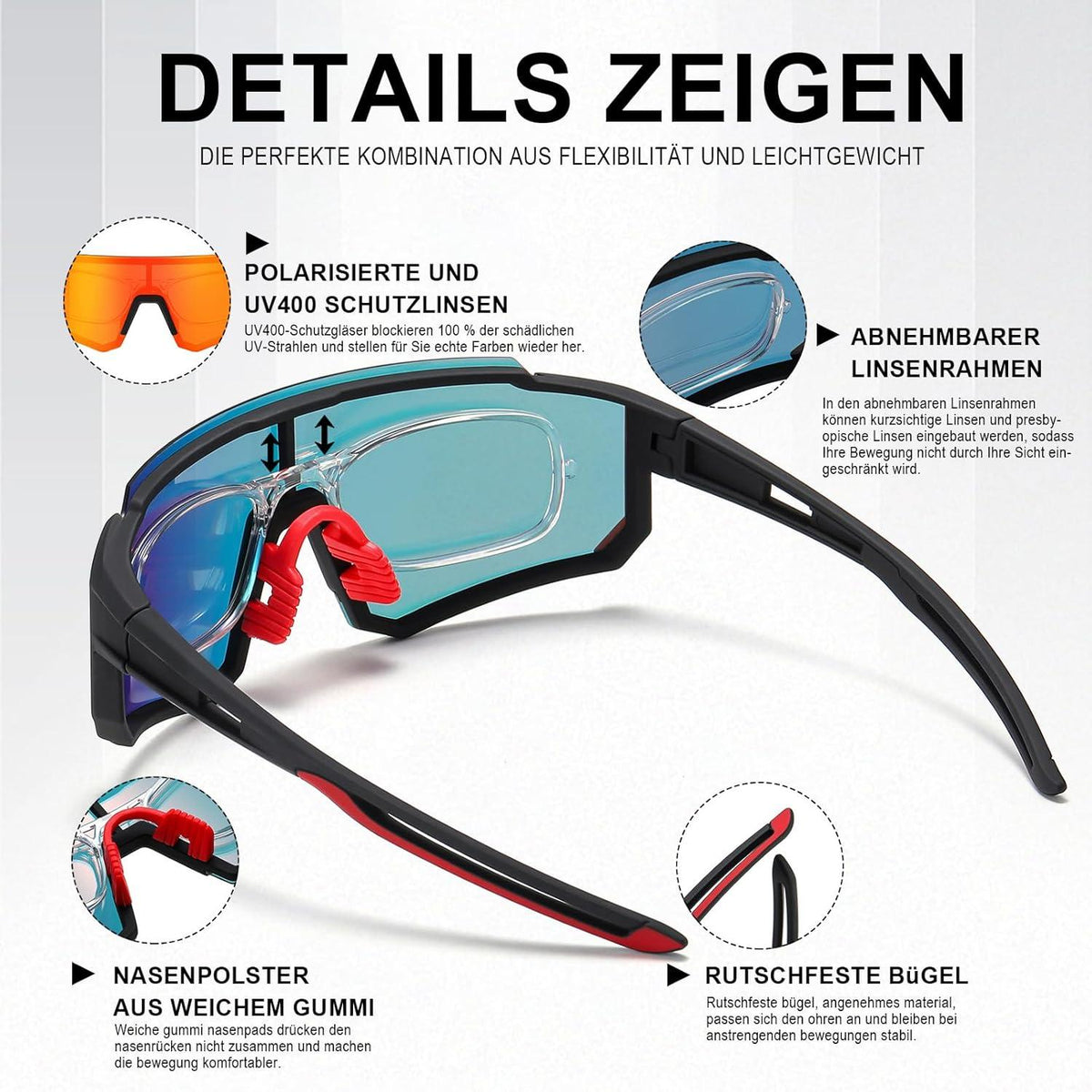 suoso Sportbrille Herren Damen Polarisiert UV400 Fahrradbrille 53 Farben inklusive weiß Rot