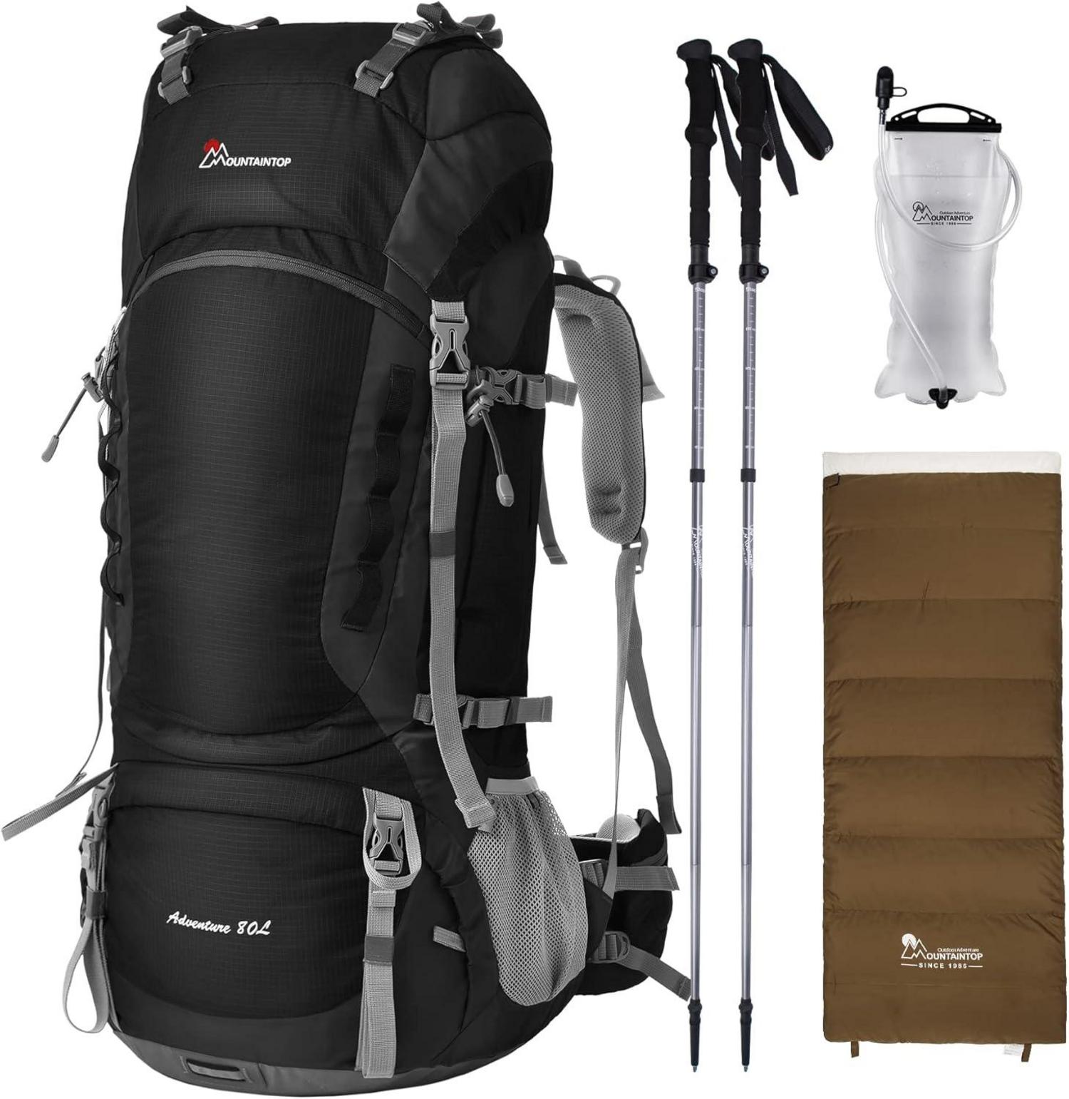 Trekkingrucksack 80L mit Trinkblase Wanderstöcke Schlafsack Outdoor