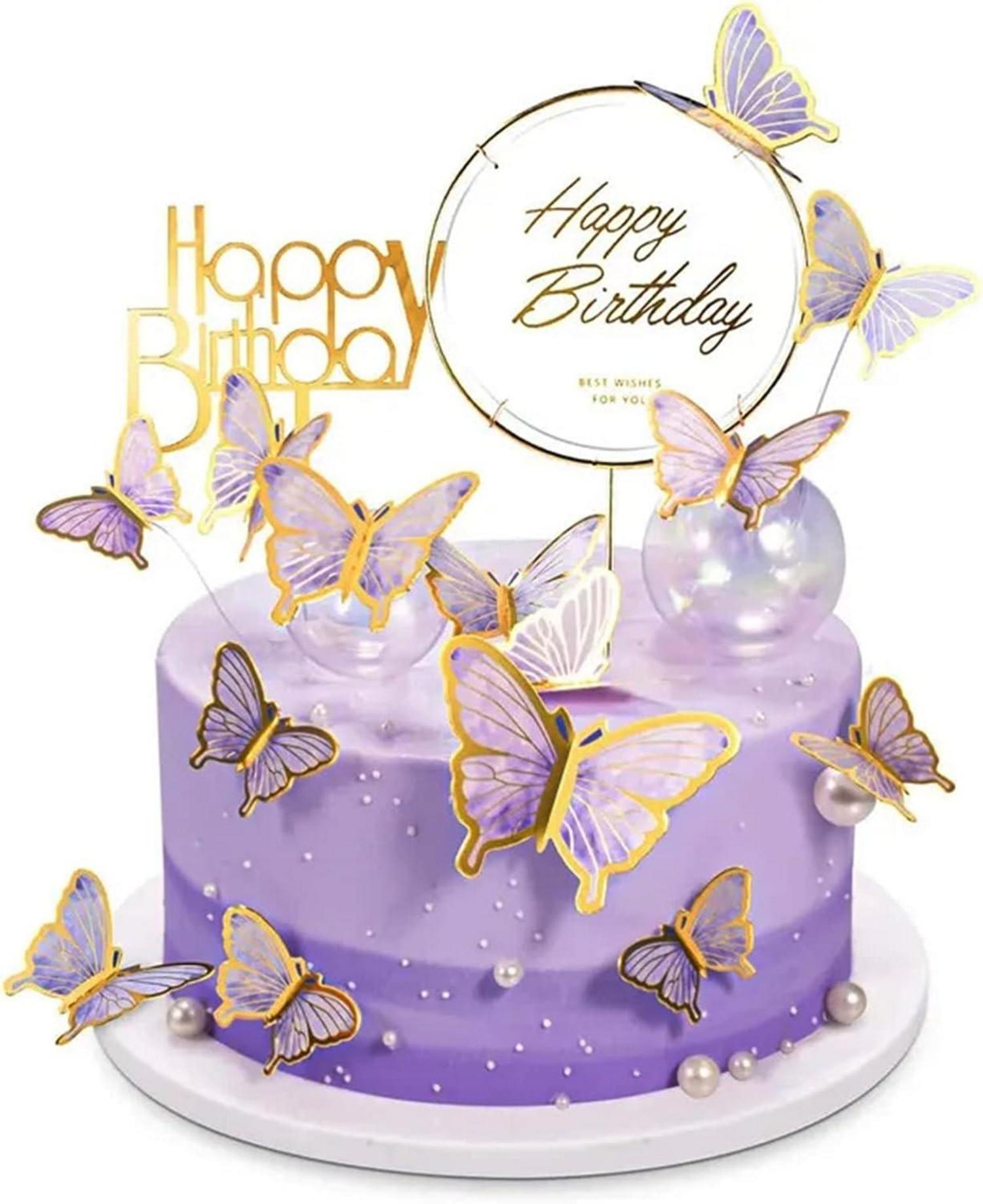 Tortendeko Set Schmetterlinge Happy Birthday Gold Lila